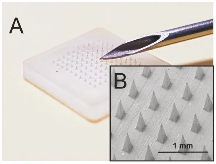 Lab microneedle array next to a standard hypodermic needle, with a magnified view of the tiny pyramid points