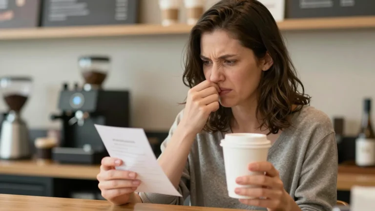 Woman at a coffee shop counter scrunching her nose in disbelief while reading a receipt