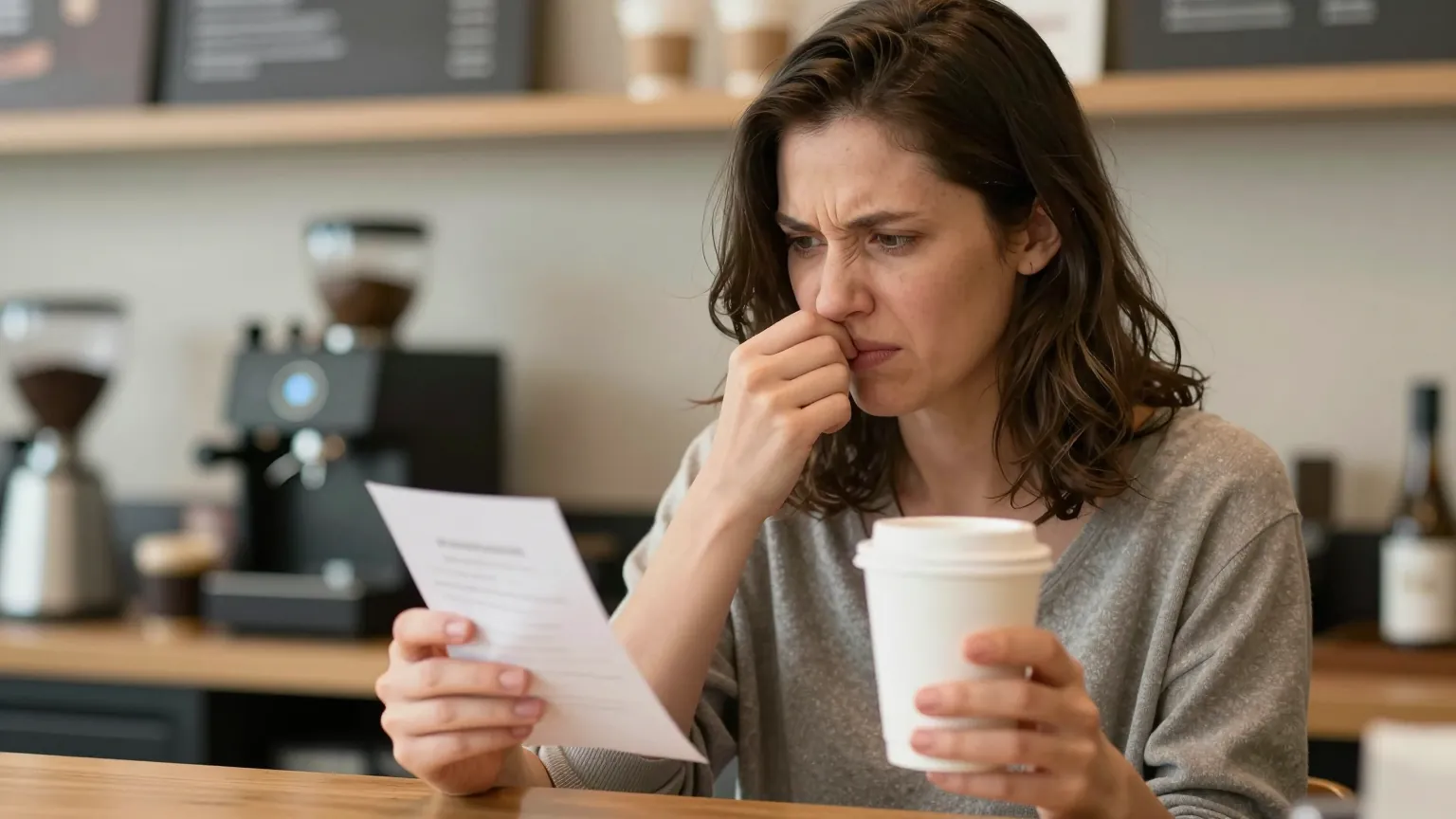 Woman at a coffee shop counter scrunching her nose in disbelief while reading a receipt
