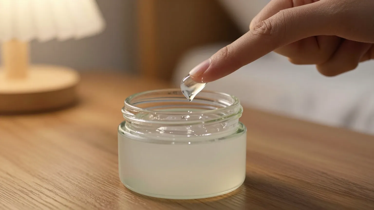Fingertip scooping a thin layer of petroleum jelly from a small glass jar on a bedside table at night