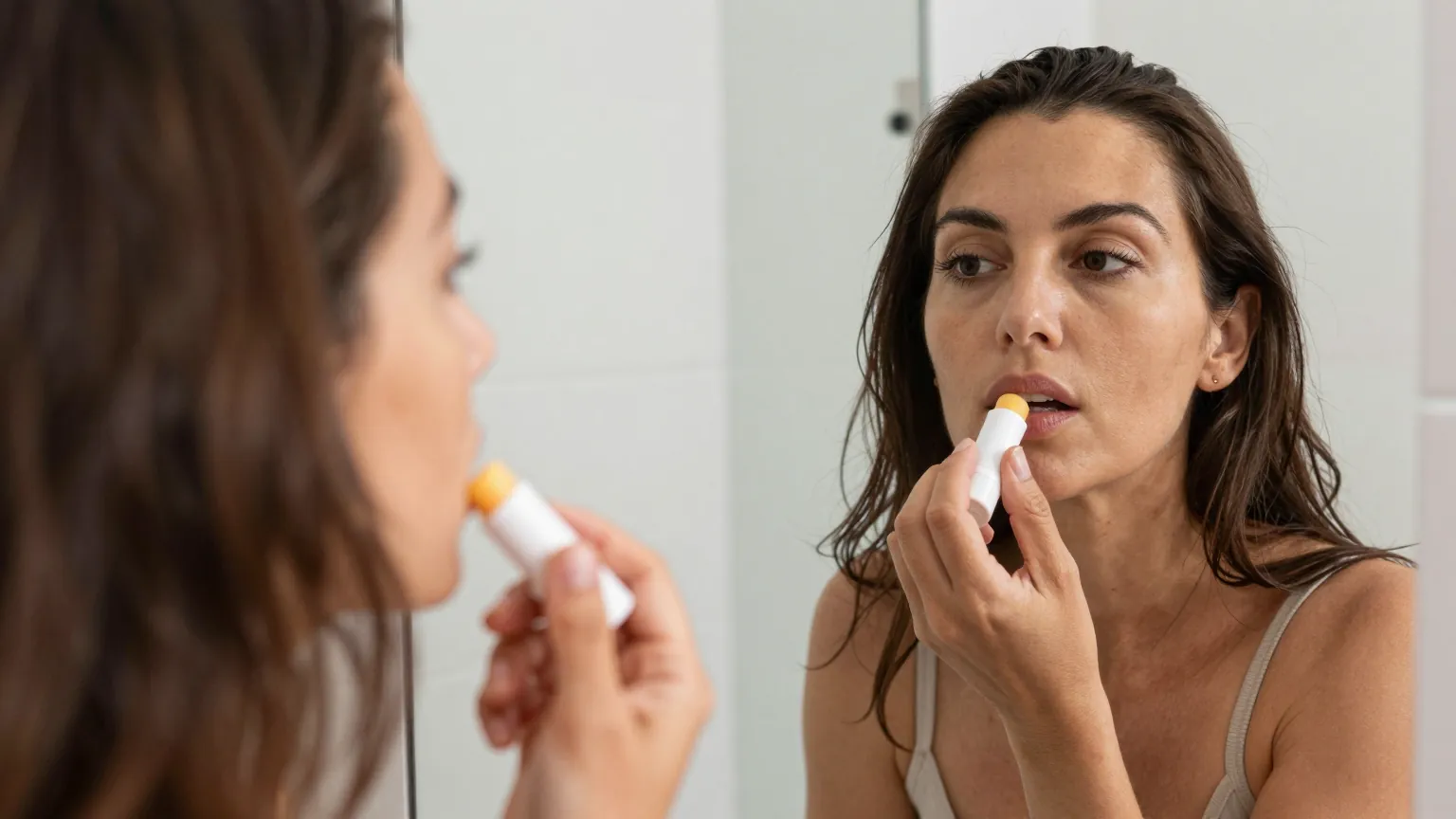 Woman applying a lip balm stick to her upper lip in front of a bathroom mirror