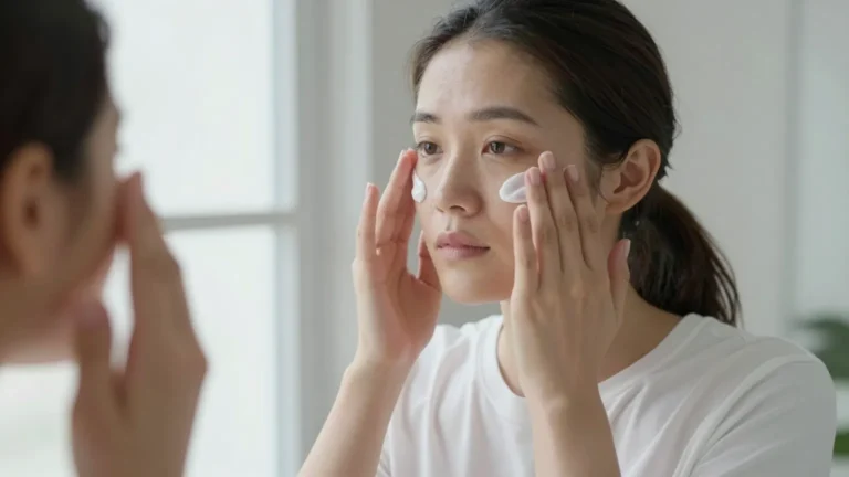 Woman pressing moisturizer into her cheeks with both hands by a bright window