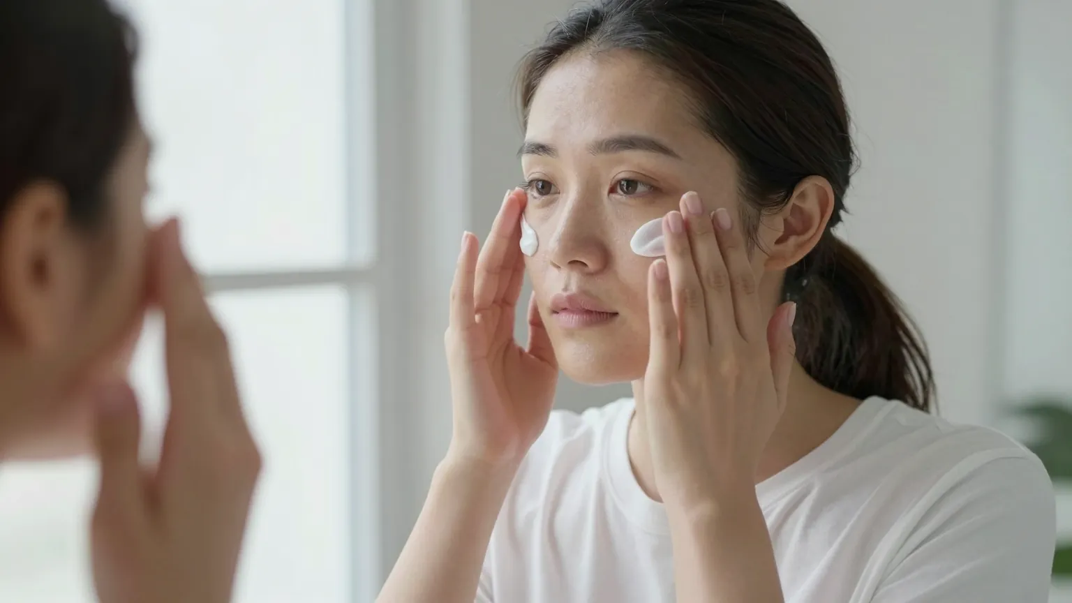 Woman pressing moisturizer into her cheeks with both hands by a bright window