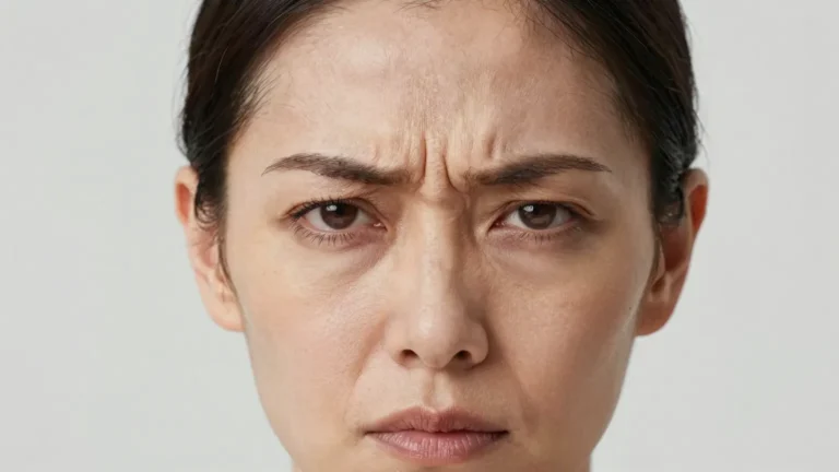 Deep vertical frown lines between the eyebrows of a woman frowning in concentration
