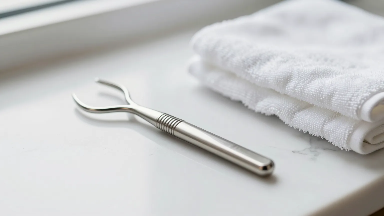 A stainless steel comedone extractor loop tool resting on a white bathroom counter beside a folded towel