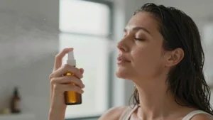 Woman with damp hair and eyes closed misting her face with a hydrating spray