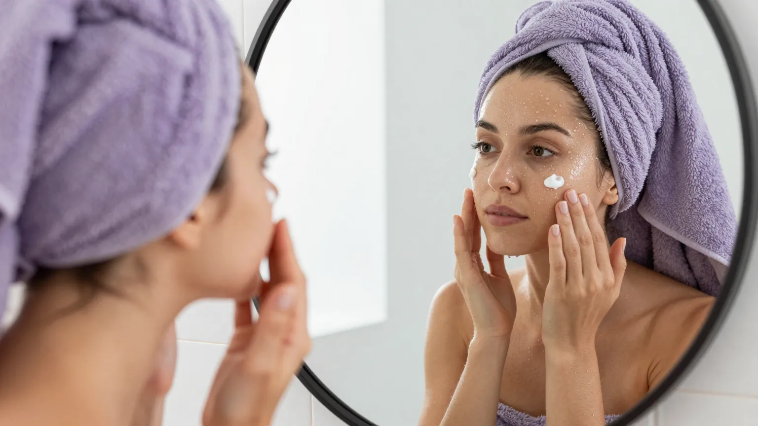 Woman with a towel wrapped on her head applying dots of moisturizer to her damp cheek at the mirror