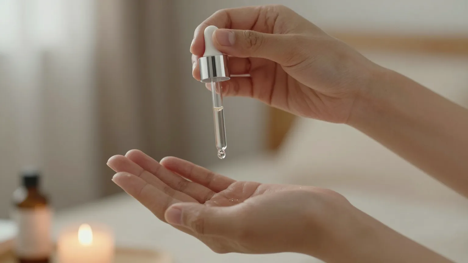 A drop of hydrating serum falling from a glass dropper onto an open hand