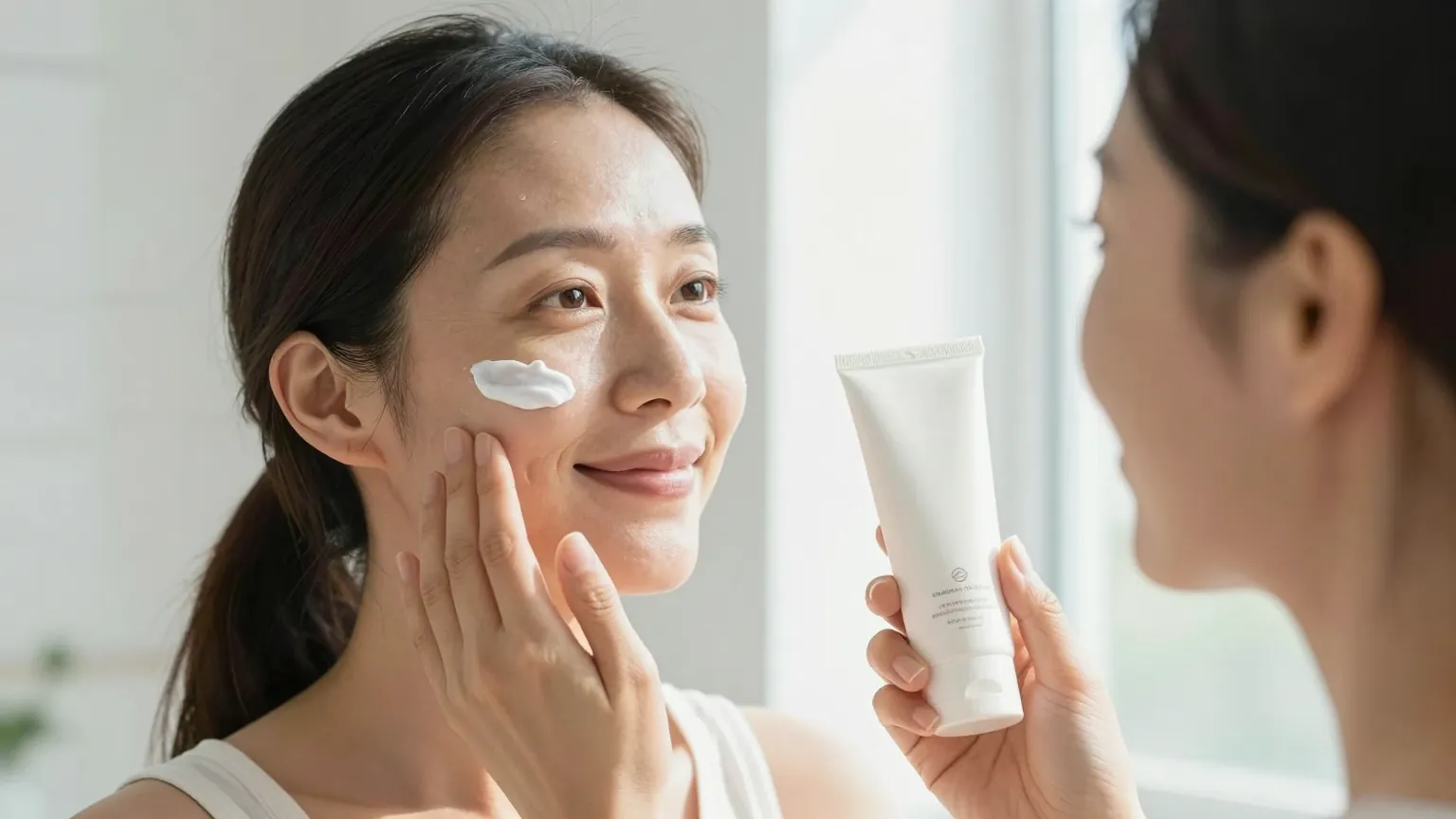 Woman smoothing sunscreen onto her cheek by a sunny window, holding a plain white tube