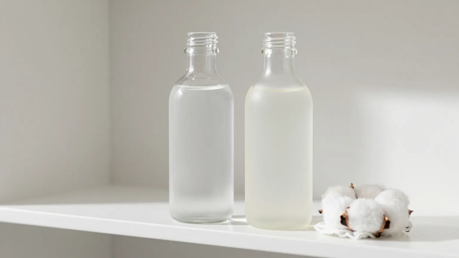 Two unlabeled glass bottles side by side, one with a clear watery toner and one with a milky essence